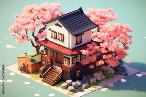 Typical Japanese house with cherry blossom leaves falling from the tree, 3d isometric anime. Generative Ai