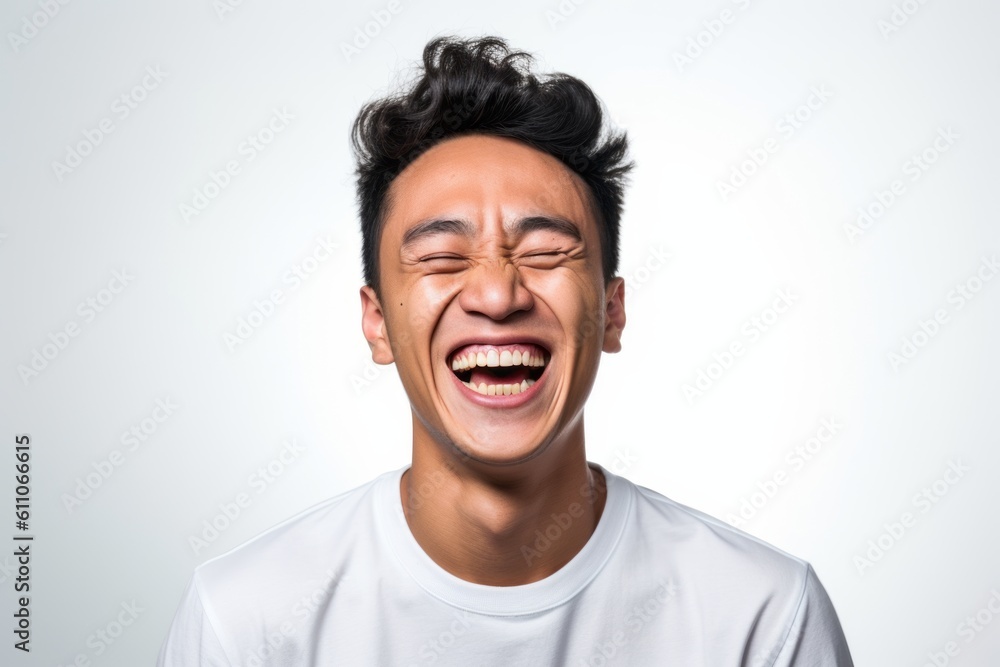 Headshot portrait photography of a happy boy in his 30s laughing against a white background. With generative AI technology Headshot portrait photography of a happy boy in his 30s laughing against a white background. With generative AI technology