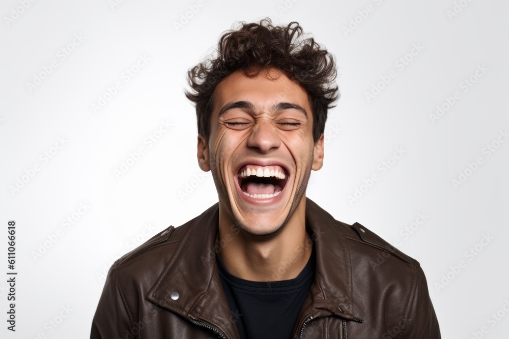 Headshot portrait photography of a happy boy in his 30s laughing against a white background. With generative AI technology Headshot portrait photography of a happy boy in his 30s laughing against a white background. With generative AI technology