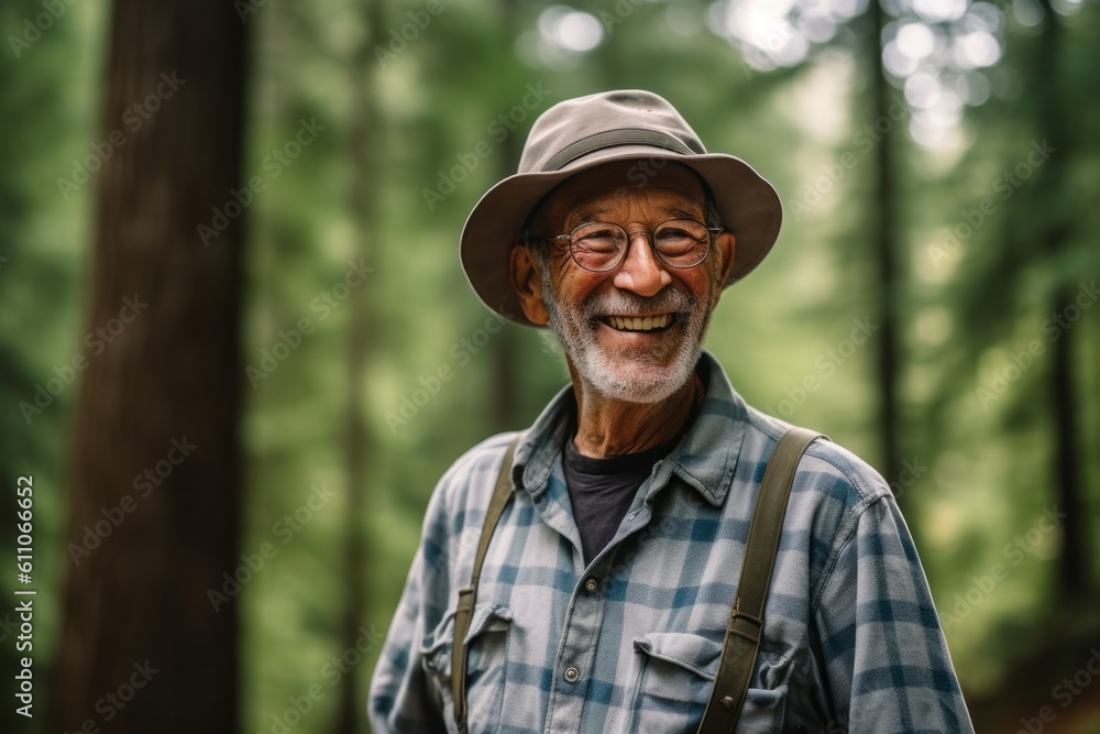 Conceptual portrait photography of a glad old man smiling against a forest background. With generative AI technology Conceptual portrait photography of a glad old man smiling against a forest background. With generative AI technology