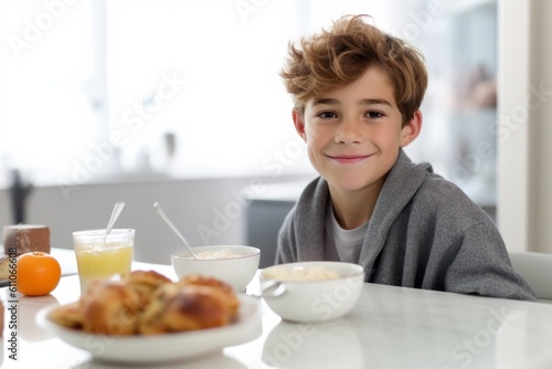 Close-up portrait photography of a grinning boy in his 30s having breakfast against a white background. With generative AI technology