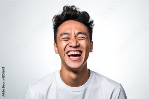 Headshot portrait photography of a happy boy in his 30s laughing against a white background. With generative AI technology