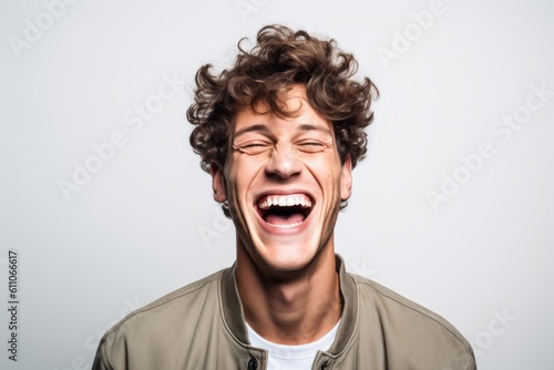 Headshot portrait photography of a happy boy in his 30s laughing against a white background. With generative AI technology © Markus Schröder
