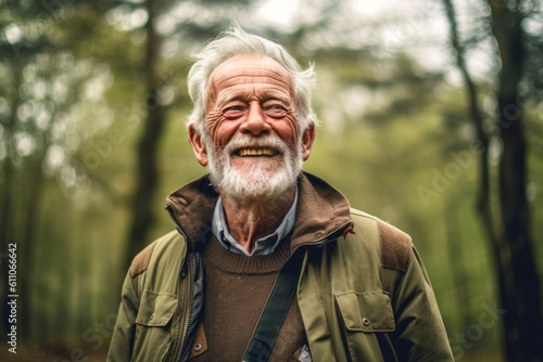 Conceptual portrait photography of a glad old man smiling against a forest background. With generative AI technology