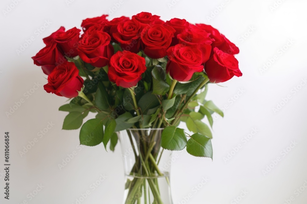 Fototapeta premium a vase of red roses against a white background, created with generative ai