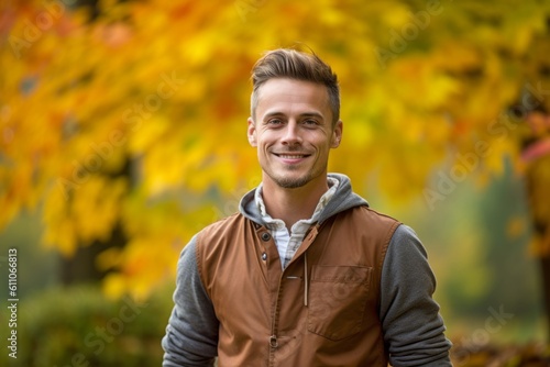 Headshot portrait photography of a satisfied boy in his 30s cooking against an autumn foliage background. With generative AI technology