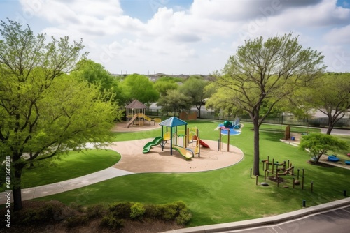 park with playground, basketball court, and picnic area visible in residential neighborhood scene, created with generative ai