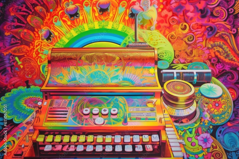 a trippy, psychedelic poster with a cash register and money for sale, created with generative ai