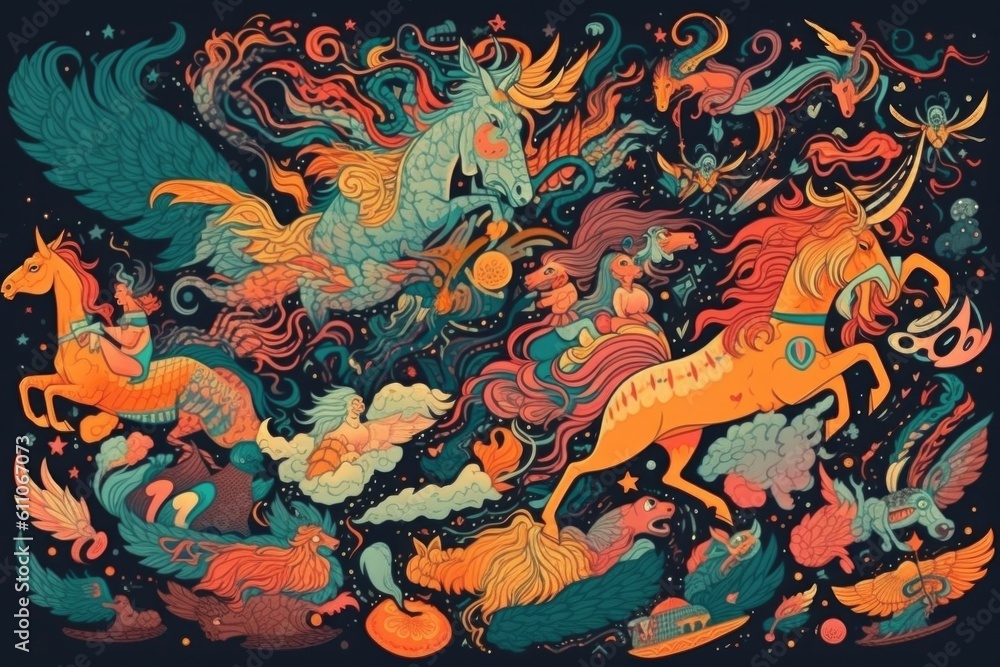 retro and vintage psychedelic poster with flying magical creatures, unicorns, and other mythical beasts, created with generative ai
