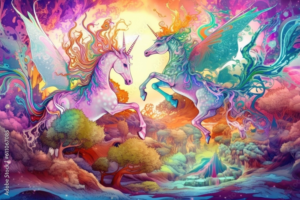 psychedelic fantasy scene, with dragons and unicorns in a magical land, created with generative ai