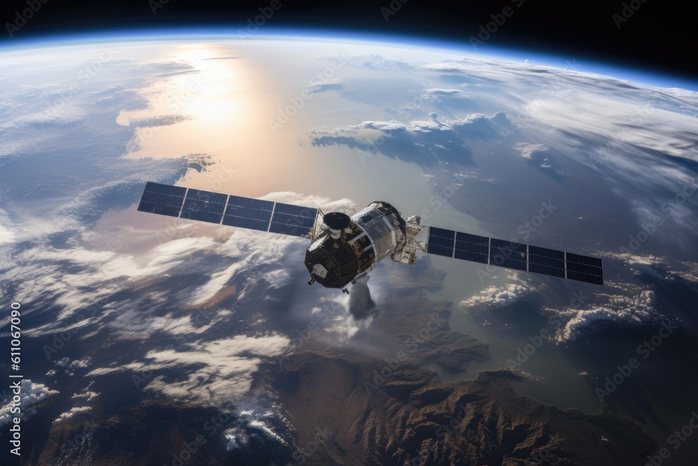 Fototapeta premium satellite orbiting over majestic mountain range, with clouds and sunlight visible, created with generative ai
