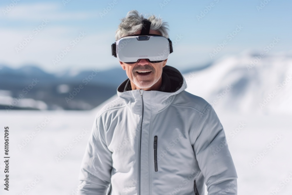 Medium shot portrait photography of a glad mature man playing with virtual reality mask against a snowy landscape background. With generative AI technology Medium shot portrait photography of a glad mature man playing with virtual reality mask against a snowy landscape background. With generative AI technology