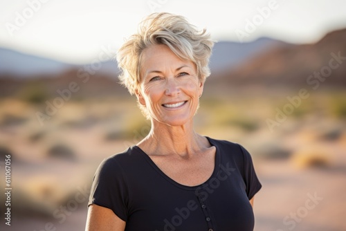 Headshot portrait photography of a satisfied mature woman with crossed arms against a desert landscape background. With generative AI technology