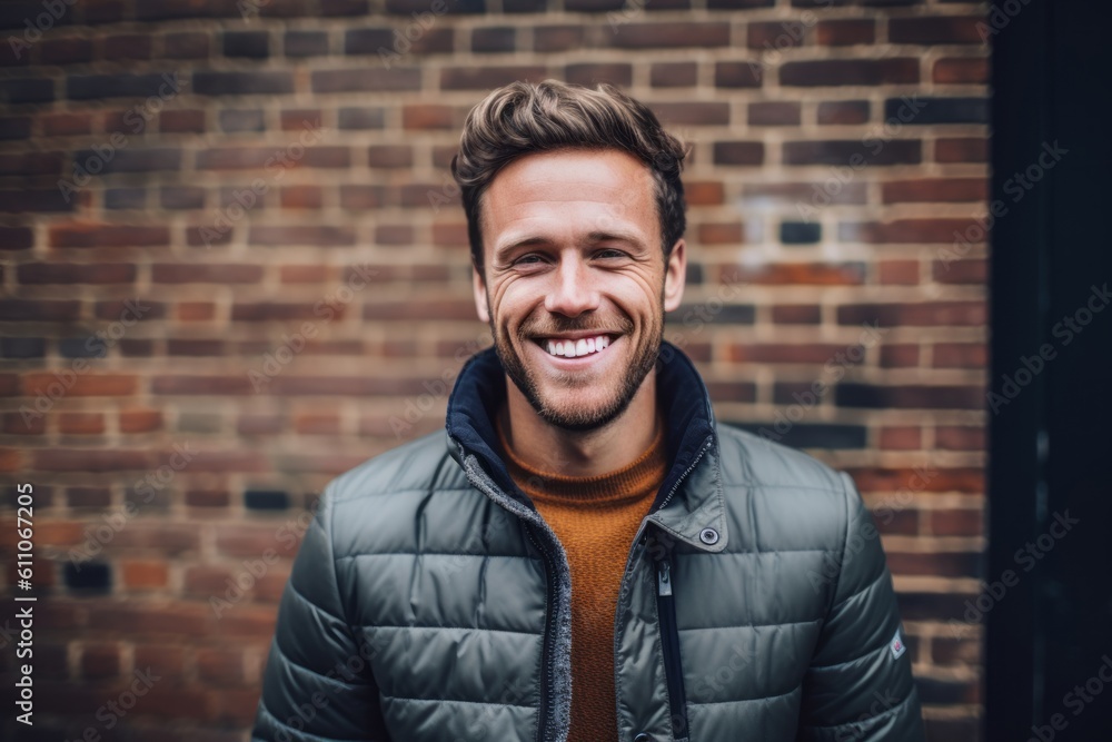 Headshot portrait photography of a happy boy in his 30s walking against a brick wall background. With generative AI technology Headshot portrait photography of a happy boy in his 30s walking against a brick wall background. With generative AI technology