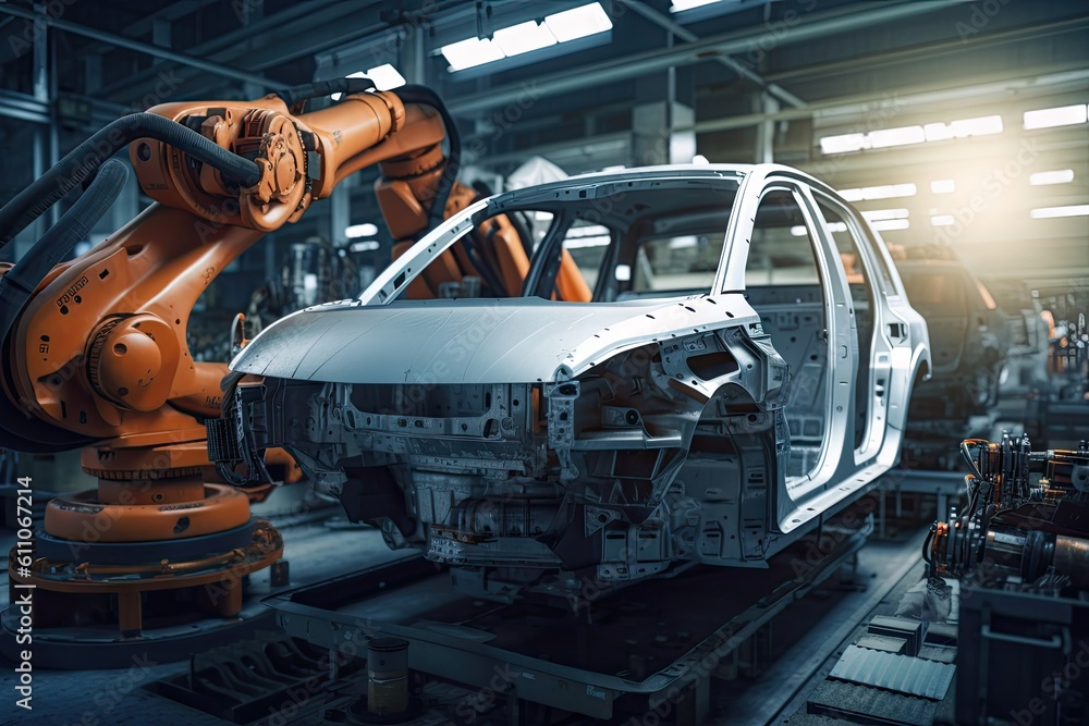 Fototapeta premium robot on assembly line, assembling car part, created with generative ai