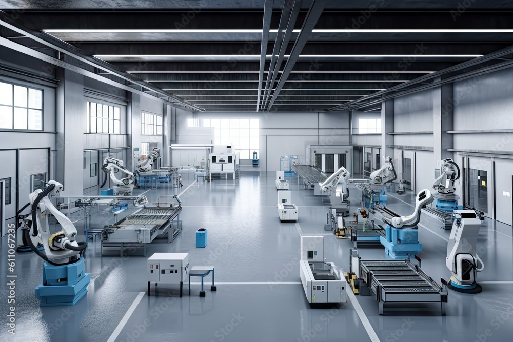 a factory floor, with robotic arms and machines assembling products on their own, created with generative ai a factory floor, with robotic arms and machines assembling products on their own, created with generative ai