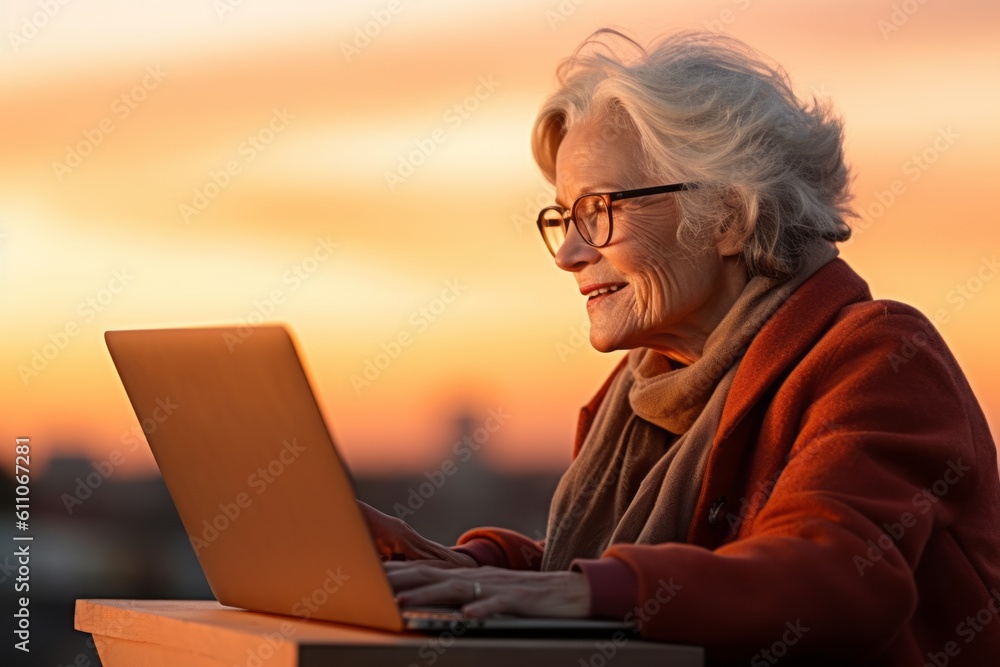 Medium shot portrait photography of a glad mature woman using the laptop against a vibrant sunset background. With generative AI technology