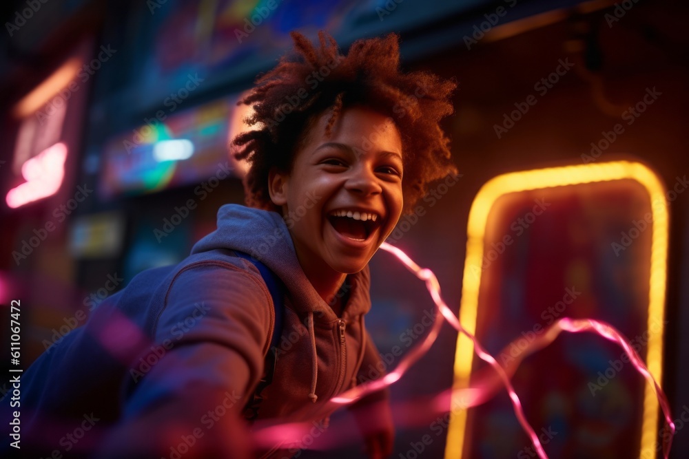 Close-up portrait photography of a grinning boy in his 30s jumping with skipping rope against a neon sign background. With generative AI technology