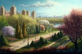 park with blooming trees and picturesque view of the city in the background, created with generative ai