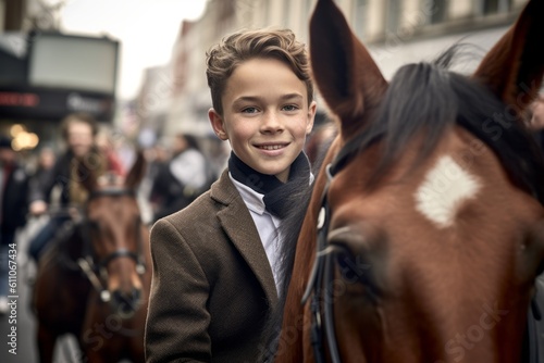 Close-up portrait photography of a satisfied boy in his 30s riding a horse against a busy street background. With generative AI technology