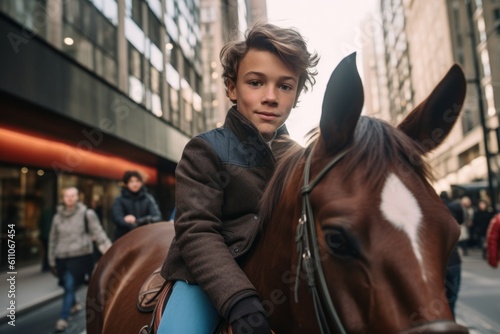 Close-up portrait photography of a satisfied boy in his 30s riding a horse against a busy street background. With generative AI technology © Markus Schröder