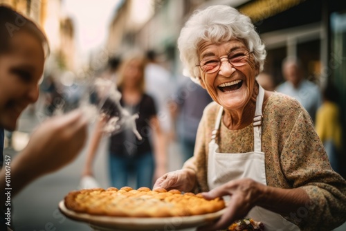 Headshot portrait photography of a happy old woman making a cake against a busy street background. With generative AI technology