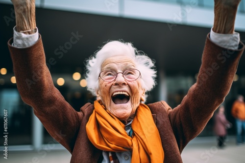 Medium shot portrait photography of a satisfied old woman celebrating winning against a modern architecture background. With generative AI technology