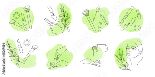 Eco beauty. Ecological cosmetics and nail polish. Green cosmetology and makeup. Manicure salon logo. Line hand and woman face, watercolor drops. Various cosmetics. Vector isolated emblem set