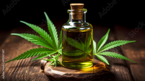 Medical cannabis liquid oil with cannabis leaf on wooden dark black background generative ai