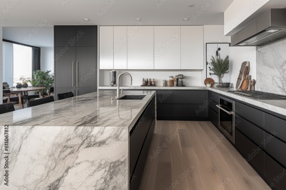 Fototapeta premium decluttered kitchen with sleek appliances, marble counters, and minimal decor for a modern look, created with generative ai