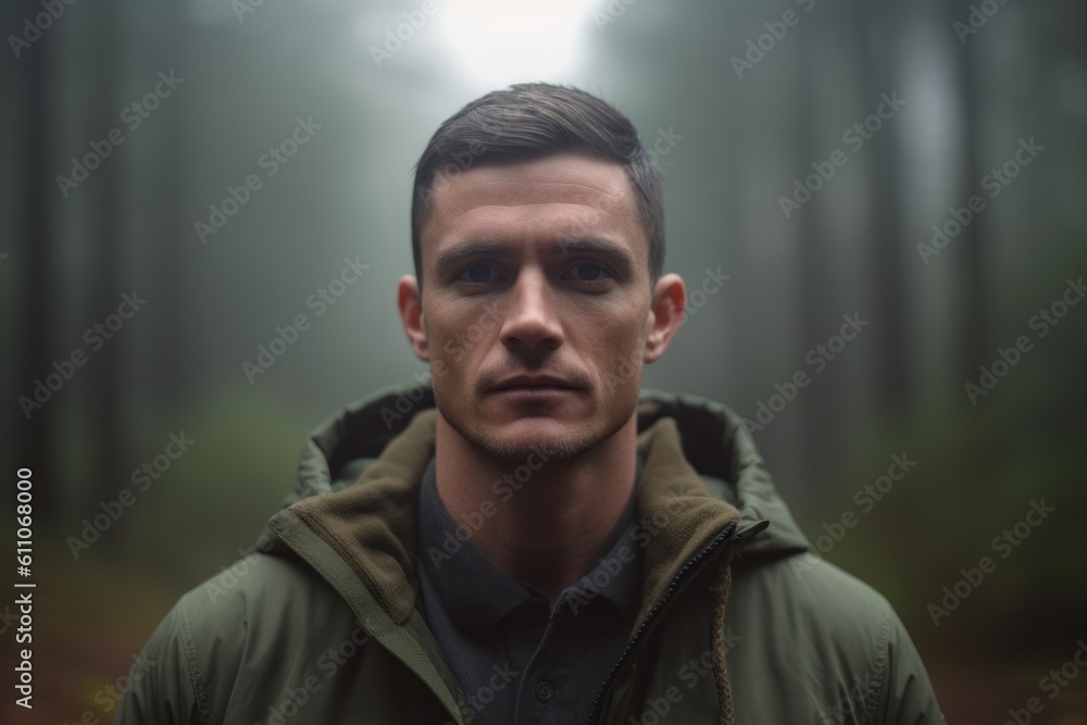 Obraz premium Close-up portrait photography of a glad boy in his 30s with crossed arms against a foggy forest background. With generative AI technology