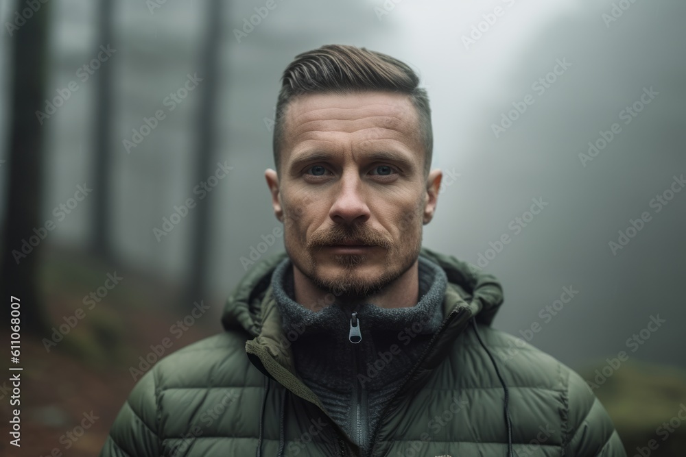 Obraz premium Close-up portrait photography of a glad boy in his 30s with crossed arms against a foggy forest background. With generative AI technology