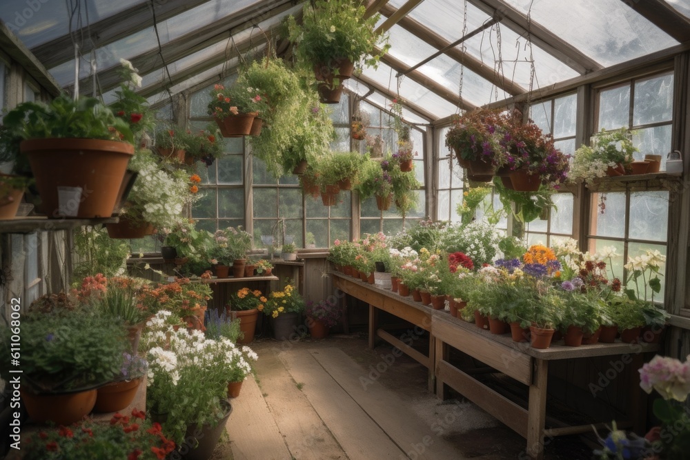 greenhouse with hanging baskets of flowers and herbs, created with generative ai