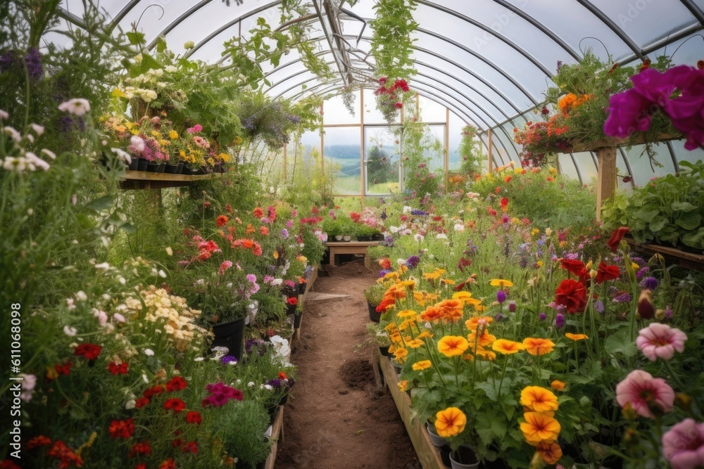 greenhouse with view of blooming garden, surrounded by colorful flowers, created with generative ai greenhouse with view of blooming garden, surrounded by colorful flowers, created with generative ai