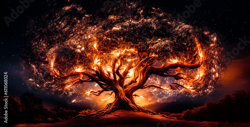fire burning tree in the middle at night, generative ai
