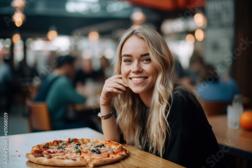 Medium shot portrait photography of a satisfied girl in her 30s eating a piece of pizza against a bustling marketplace background. With generative AI technology