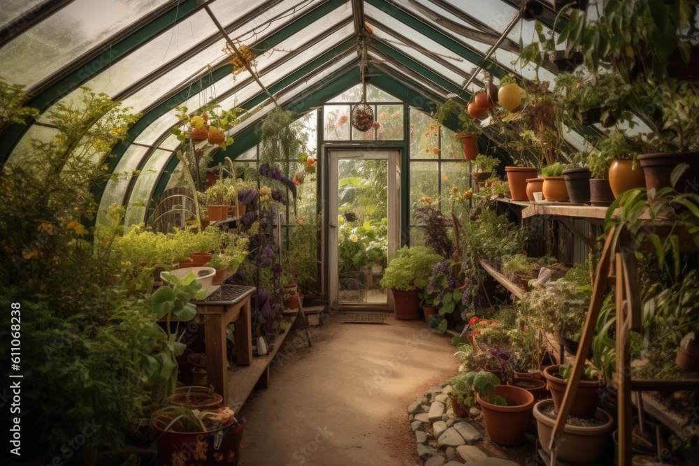 greenhouse filled with plants of various shapes and sizes, created with generative ai