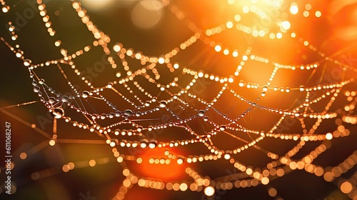 closeup of a large spider web with water drops created using generative AI tools