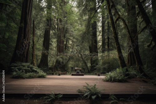 outdoor dance floor surrounded by towering trees in a forest, created with generative ai