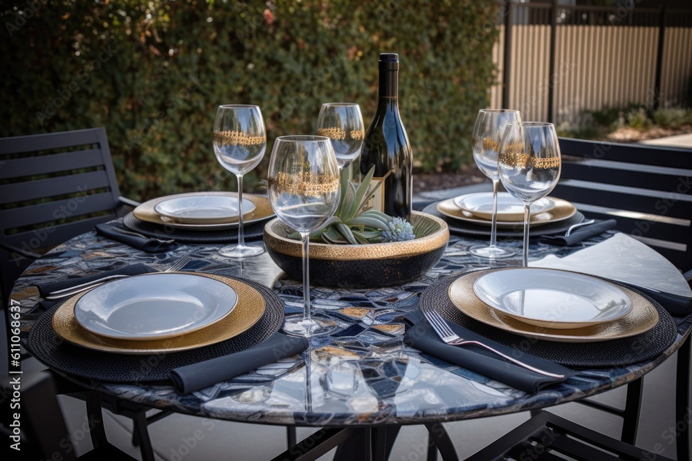 outdoor dining table set for four with wine glasses, plates, and silverware, created with generative ai