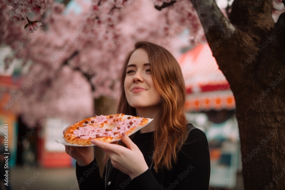 Medium shot portrait photography of a satisfied girl in her 30s eating a piece of pizza against a cherry blossom background. With generative AI technology Medium shot portrait photography of a satisfied girl in her 30s eating a piece of pizza against a cherry blossom background. With generative AI technology