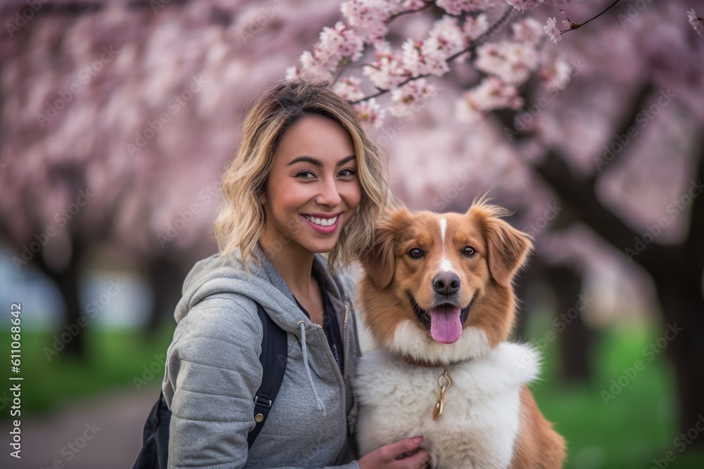 Headshot portrait photography of a glad girl in her 30s walking a dog against a cherry blossom background. With generative AI technology