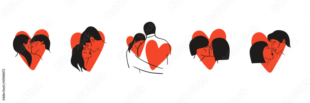 Kissing people. Line portrait. Man and woman couple in love, romantic relationships. Icons with boyfriend and girlfriend together. Valentine day or wedding card. Vector isolated illustration set
