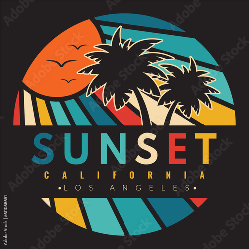 Retro vintage California sunset logo badges on black background graphics for t-shirts and other print production. Vector illustration for design. 70s-style concept.