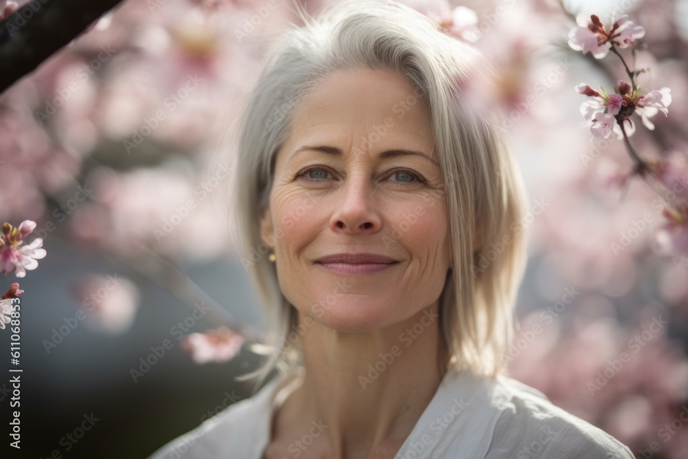 Close-up portrait photography of a satisfied mature girl meditating against a cherry blossom background. With generative AI technology Close-up portrait photography of a satisfied mature girl meditating against a cherry blossom background. With generative AI technology