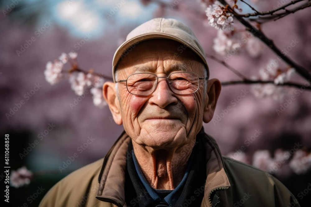 Close-up portrait photography of a glad old man walking against a cherry blossom background. With generative AI technology