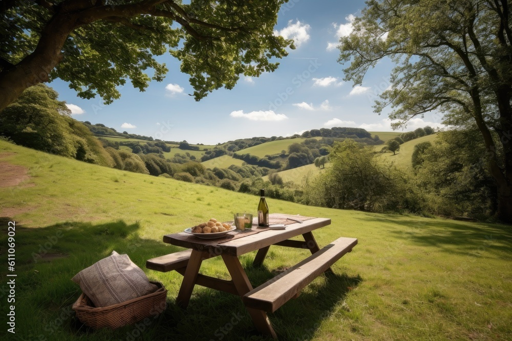 picnic setting with stunning view of rolling hills, babbling brook and warm sunshine, created with generative ai