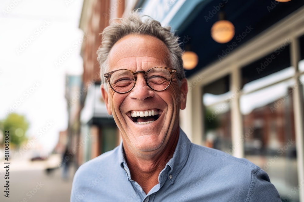 Headshot portrait photography of a joyful mature man laughing against a small town main street background. With generative AI technology Headshot portrait photography of a joyful mature man laughing against a small town main street background. With generative AI technology