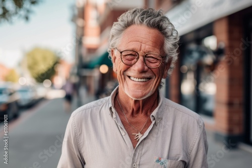 Medium shot portrait photography of a joyful mature man drawing against a small town main street background. With generative AI technology