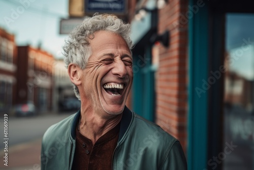 Headshot portrait photography of a joyful mature man laughing against a small town main street background. With generative AI technology